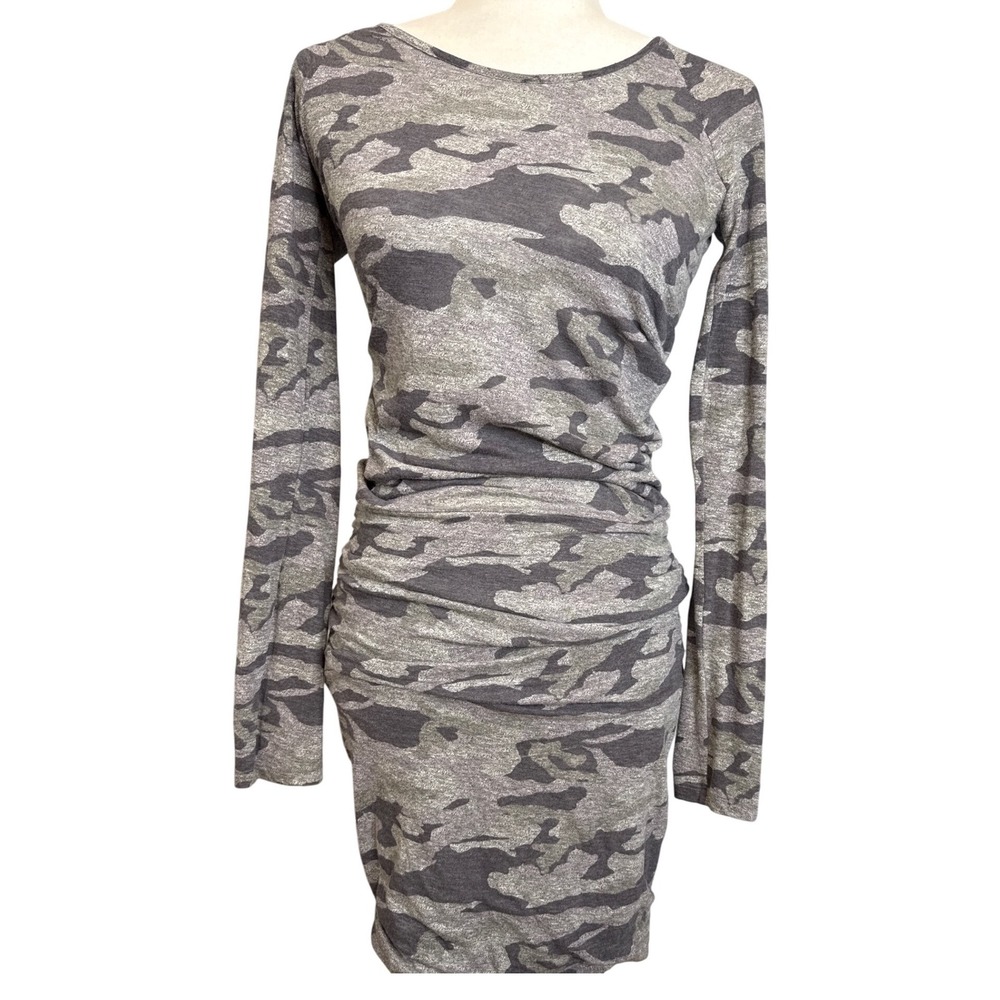 MONROW Revolve Women's Camo Long Sleeve Ruched Mini-Midi Dress Work Party Small - Picture 3 of 10
